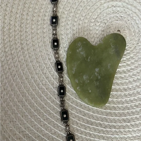 Antique Art Deco Black Onyx Clear Diamond Paste Sterling Silver Link Bracelet - Picture 5 of 8